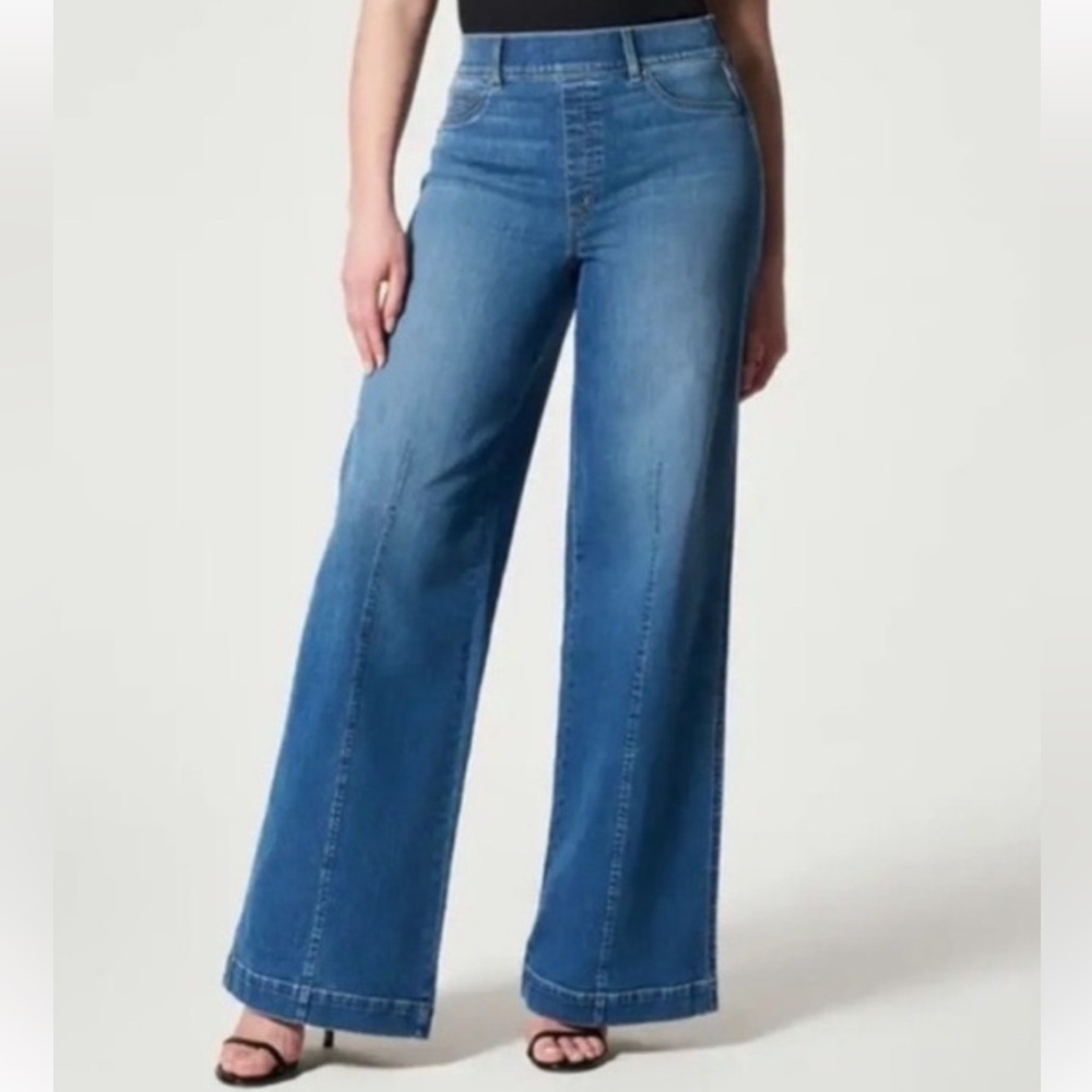 SPANX Wide Leg Front Seam Vintage Blue Denim Jeans Pull On Medium